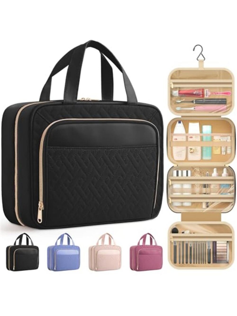 Hanging Travel Toiletry Bag Women Men, Black, Medium | Waterproof Makeup Bag